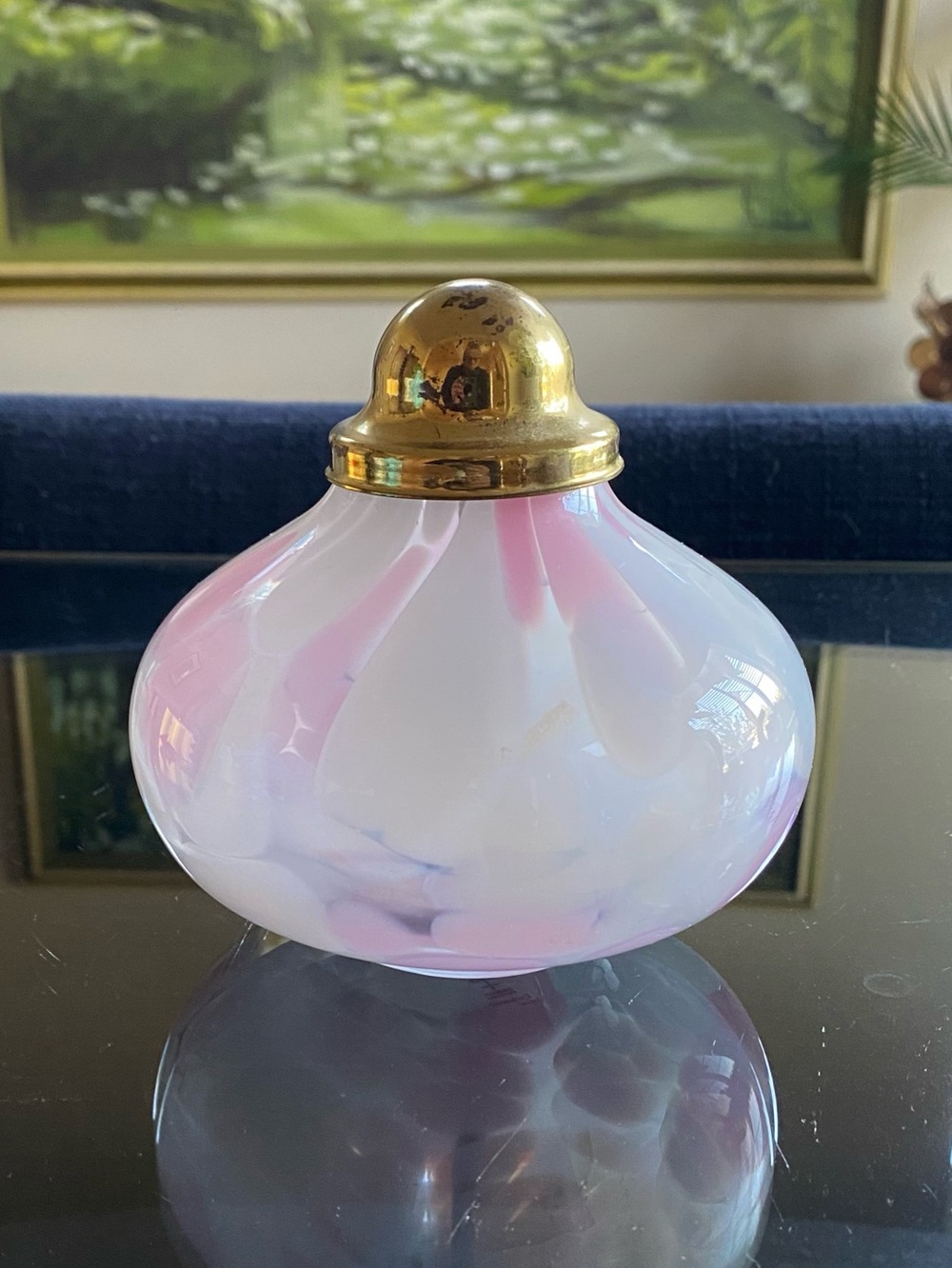 Vtg Skruf Sweden Hand Blown Pink White Opaline Glass Oil Lamp Brass Cap MCM